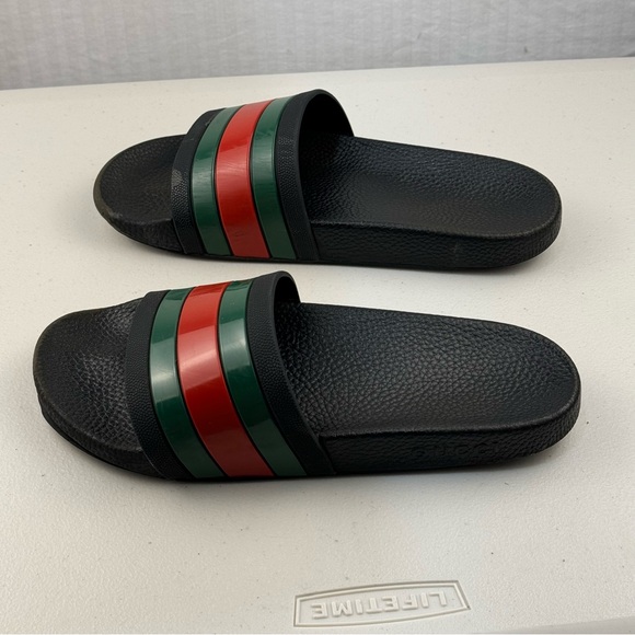 Gucci Black Slides Red Green Web Sandals Men’s Size 8 Luxury Classic Preppy - Picture 11 of 14